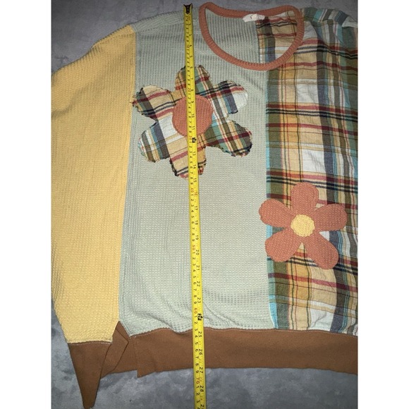Easel Women's 3X Plaid Mix Daisy Flower Patch Oversized Thermal Knit Top Boho - Picture 7 of 10